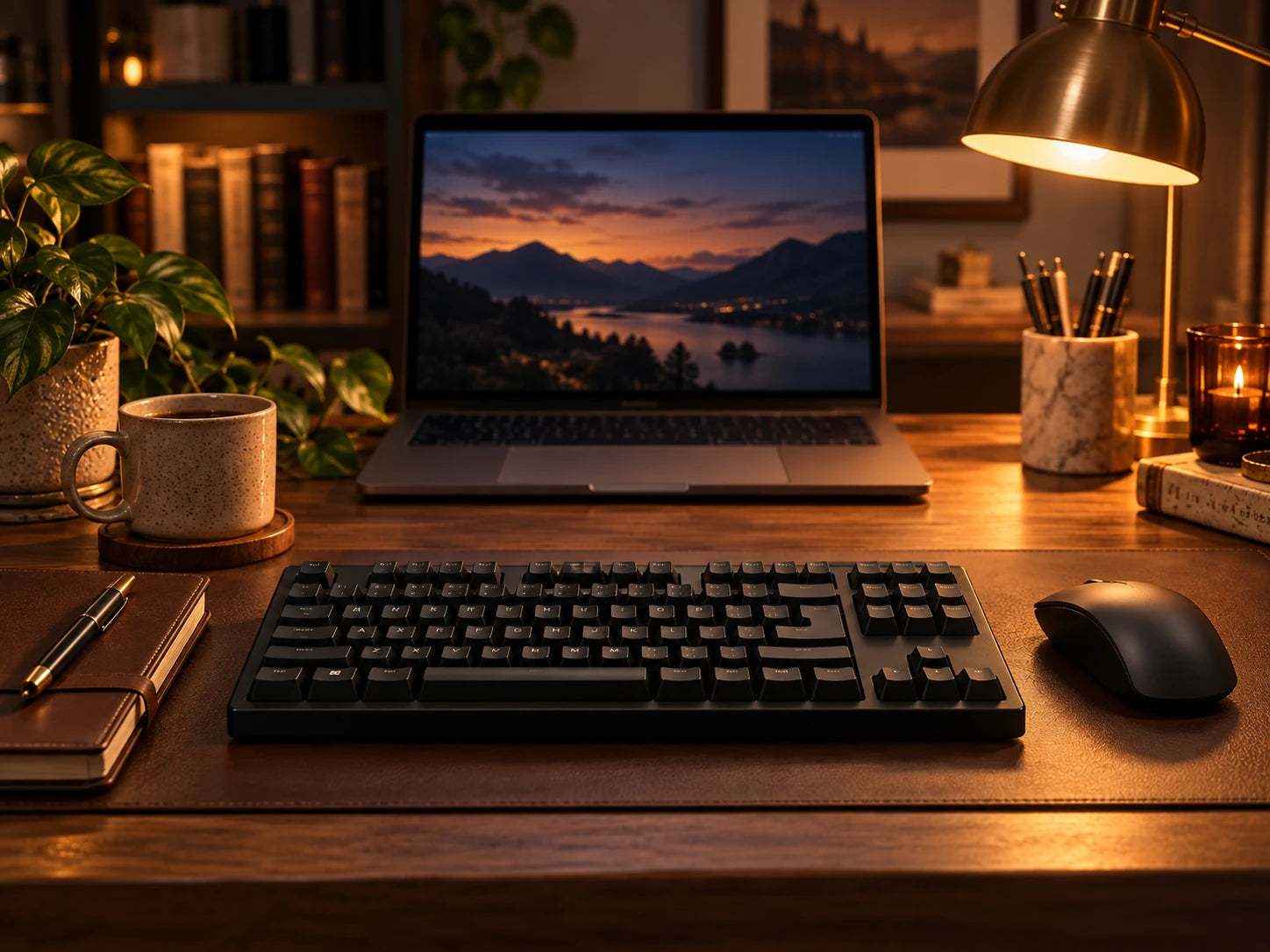 A desk with a plain black keyboard