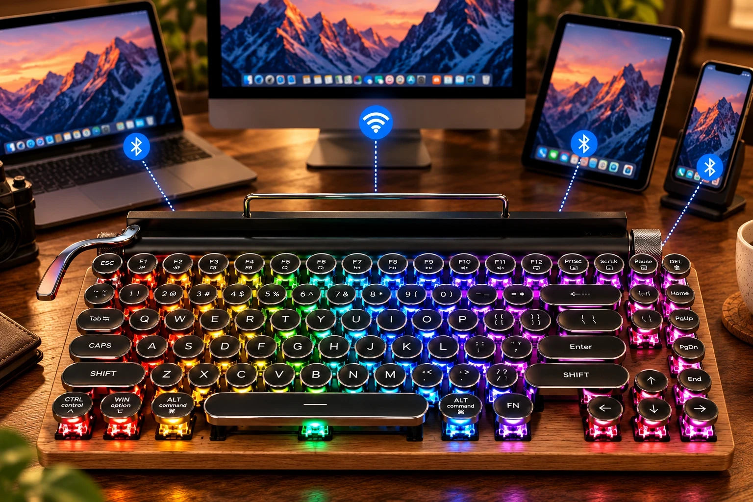 Typewriter keyboard connected to a laptop, a desktop, a tablet and a phone