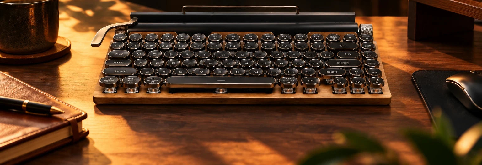 VORIQOK typewriter keyboard on a wooden desk in warm evening light