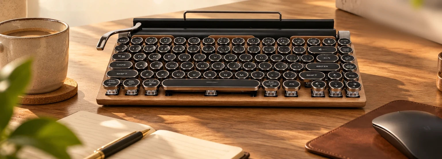 VORIQOK typewriter keyboard on a sunlit home office desk