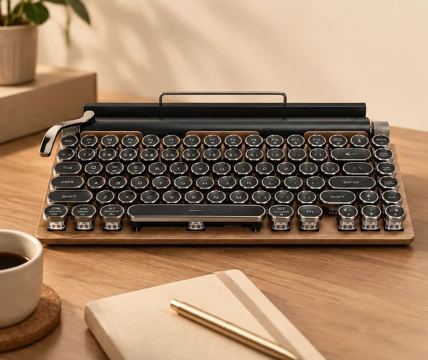 VORIQOK typewriter keyboard on a wooden desk