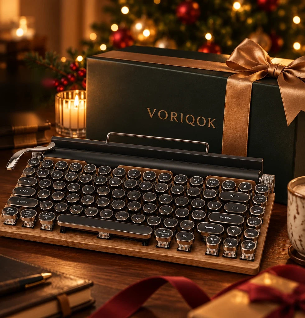 VORIQOK typewriter keyboard next to a gift box with a gold ribbon