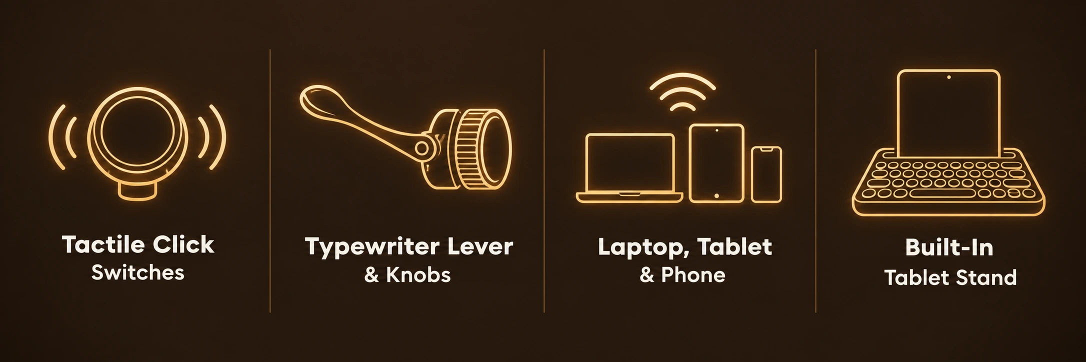 Tactile click switches, typewriter lever and knobs, connects to laptop, tablet and phone, built-in tablet stand